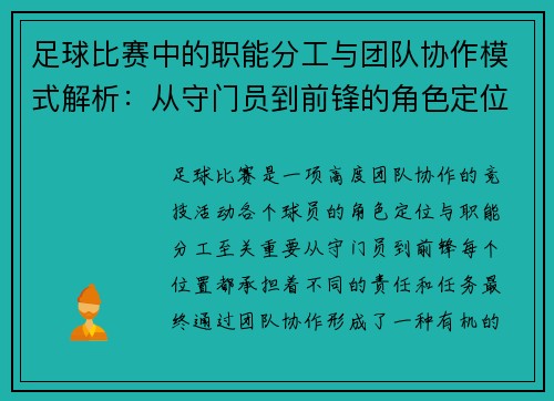 足球比赛中的职能分工与团队协作模式解析：从守门员到前锋的角色定位与责任