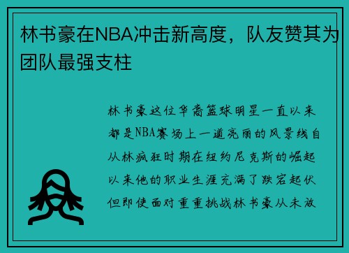 林书豪在NBA冲击新高度，队友赞其为团队最强支柱