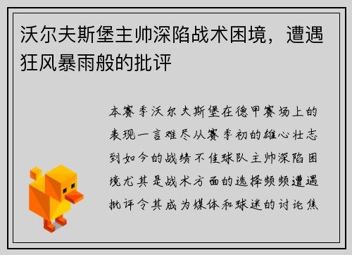 沃尔夫斯堡主帅深陷战术困境，遭遇狂风暴雨般的批评