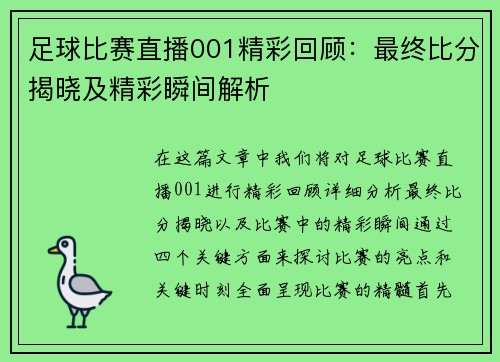 足球比赛直播001精彩回顾：最终比分揭晓及精彩瞬间解析